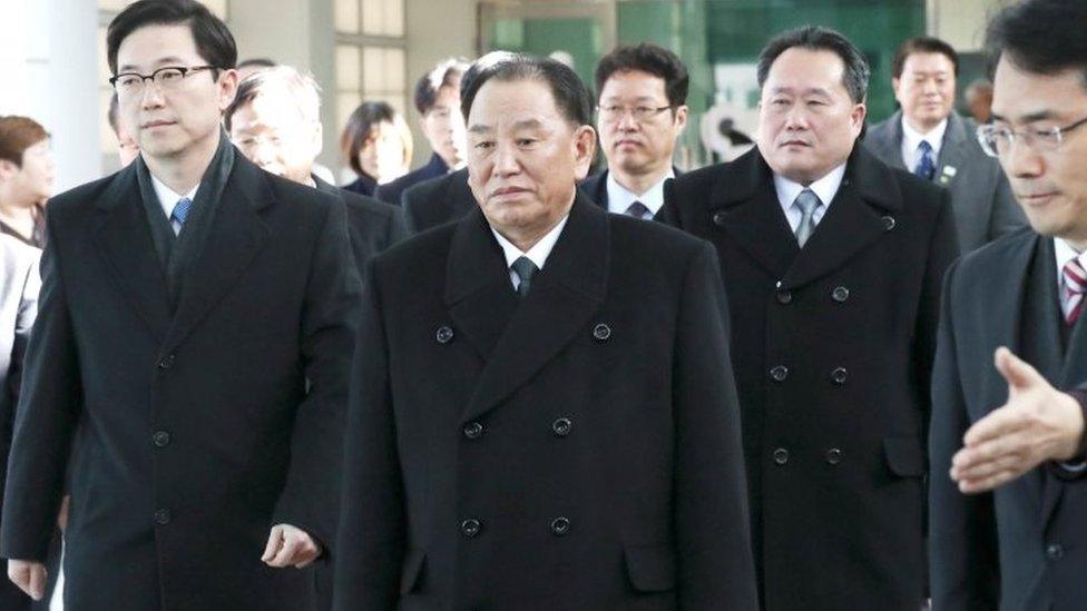 Gen Kim Yong-chol (centre) arrives in Paju, South Korea. Photo: 25 February 2018