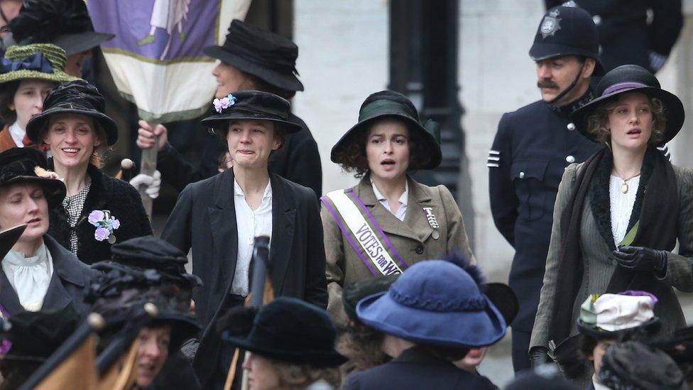 (L-R) Anne-Marie Duff, Carey Mulligan, Helena Bonham Carter and Romola Garai filming Suffragette at Parliament