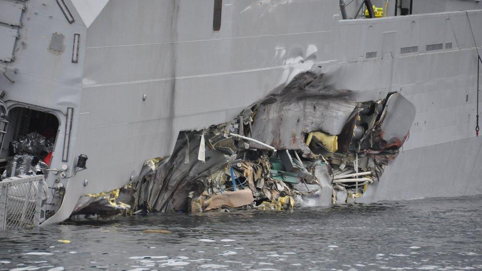 Damage to the Helge Ingstad (picture courtesy of Norwegian armed forces)