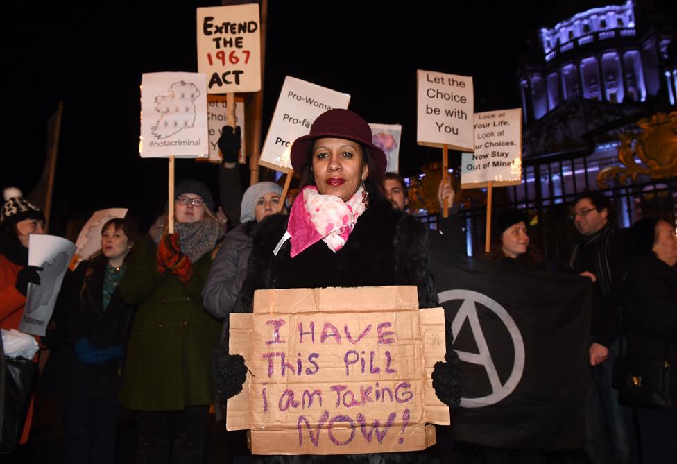 Pro Choice activists rally outside City Hall on 15 January 2016 in Belfast, Northern Ireland