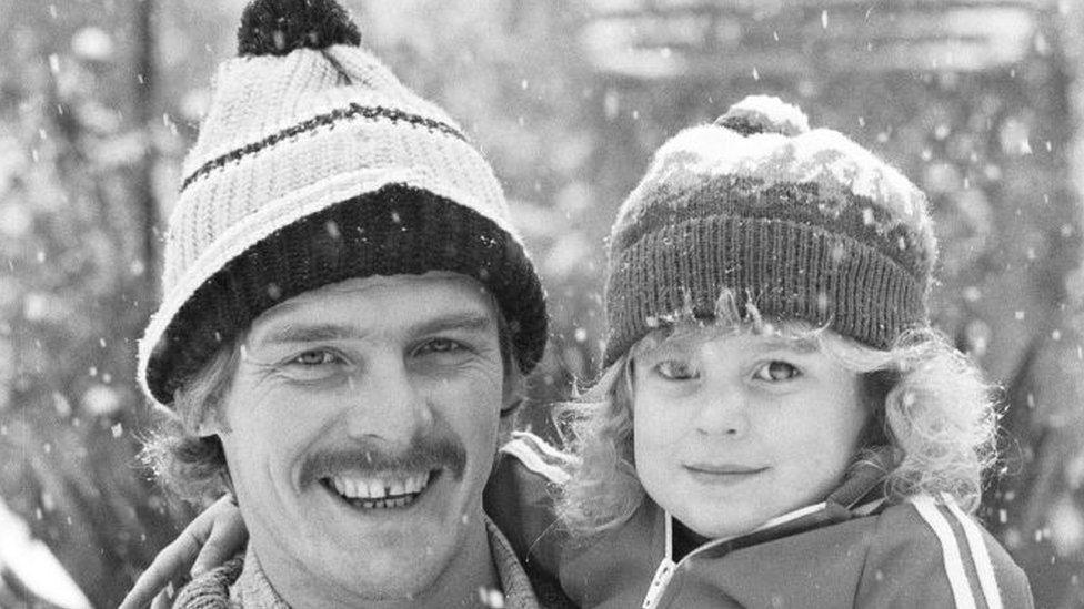 Terry Yorath, Coventry City Football Player, pictured at home, 26th January 1979. And with young son Daniel, playing in the snow