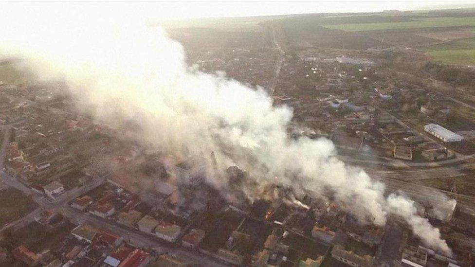 Aerial shot of train derailment