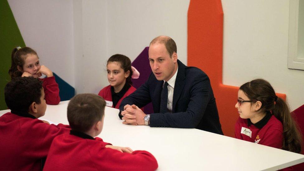 Prince William, Duke of Cambridge speaks to children as she meets school children during a 'Stepping Out' session at MediaCityUK on December 6, 2017 in Salford, England