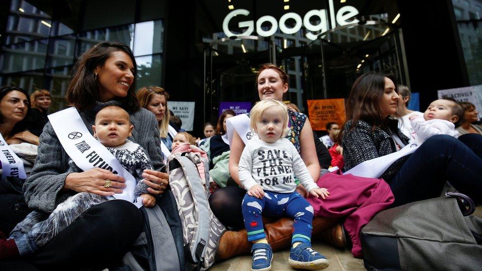 Mothers and babies protesting for Extinction Rebellion outside Google's London HQ