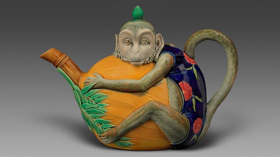 Mintons Ltd. Teapot, shape no. 1844, designed ca. 1873; this example 1894. Earthenware with majolica glazes.