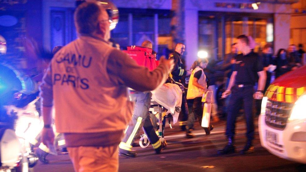 Medics outside Bataclan theatre after the attack