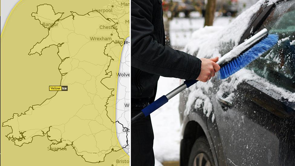 A map of Wales shows a warning of ice and a man scrapes ice off a car