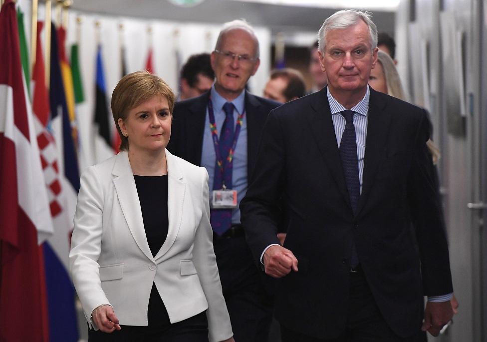 Scotland"s First Minister Nicola Sturgeon arrives for a meeting with European Union"s chief Brexit negotiator Michel Barnier