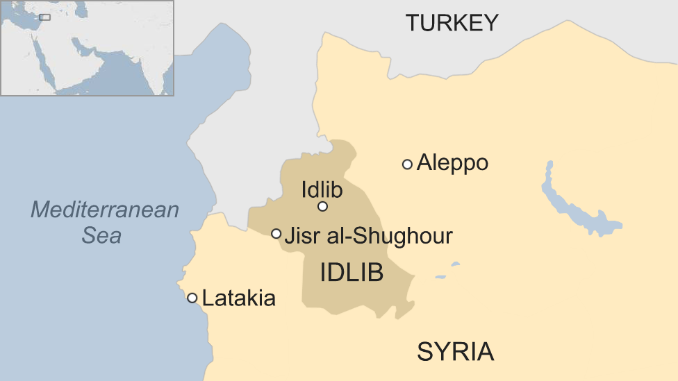 Map of Syria showing Idlib province and Jisr al-Shughour