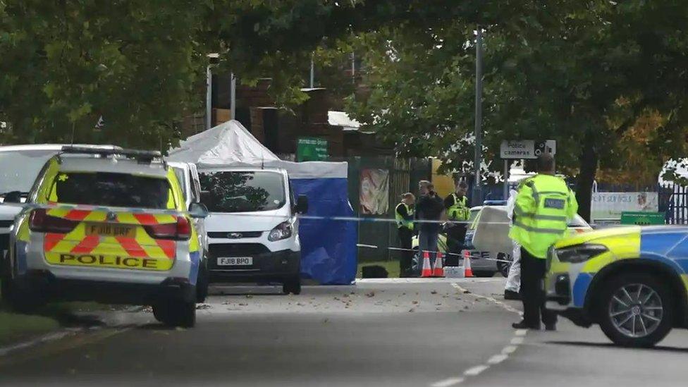 The scene of the shooting outside Ascot Drive police station in Derby