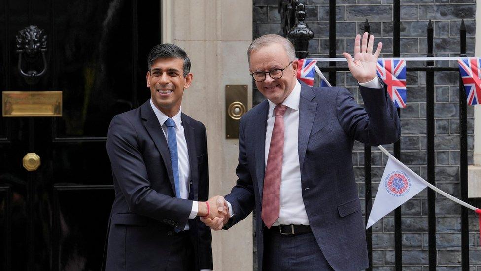 Prime Minister Rishi Sunak with Australian Prime Minister Anthony Albanese outside Downing Street in March