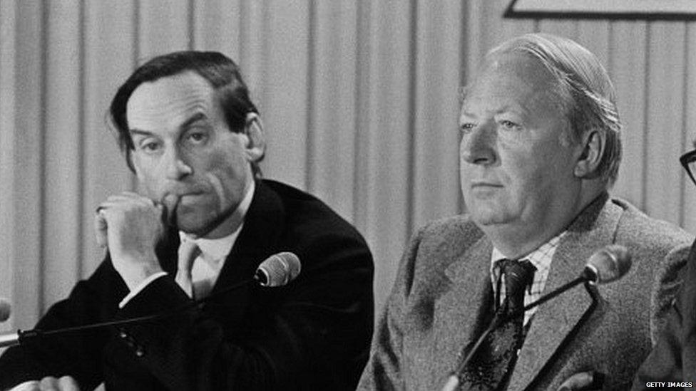 Jeremy Thorpe and Edward Heath share a platform during the 1975 common market referendum