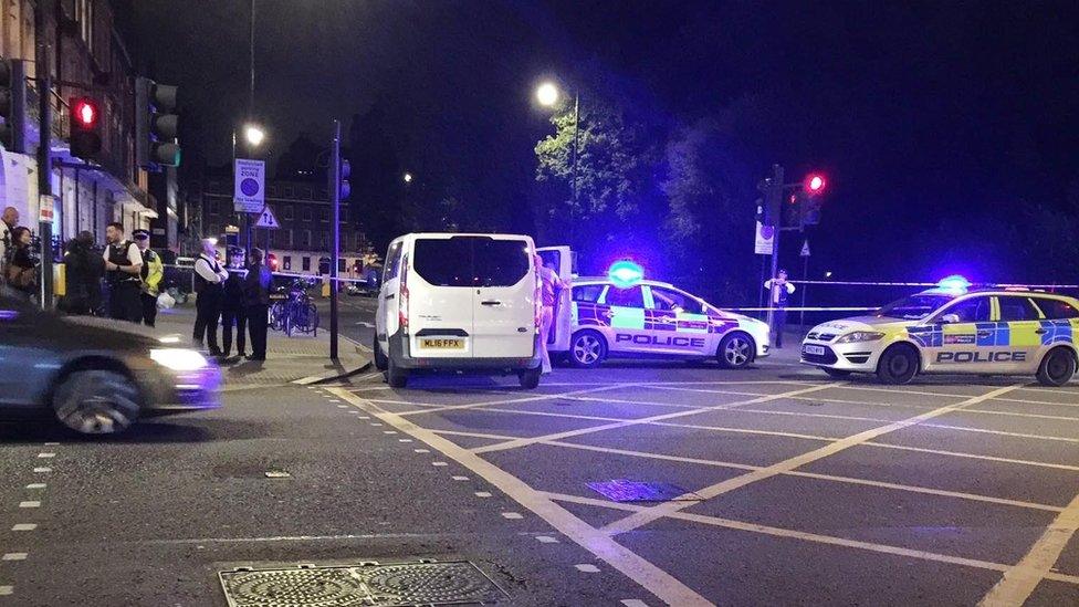 Picture taken from the Twitter feed of @hyperlinkhelen showing police activity in Russell Square, central London, after a knife attack in which a woman in her 60s was killed and five people were injured.