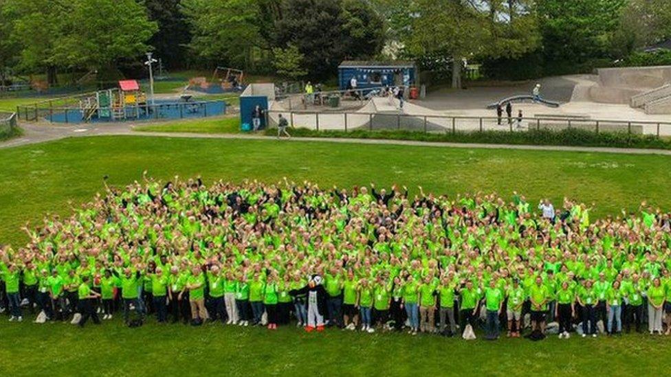 Drone shot of group gathered outside for games