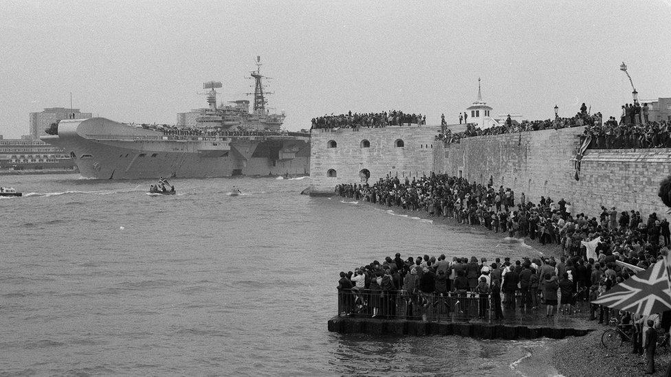 The task force aircraft carriers sailed from Portsmouth in April 1982