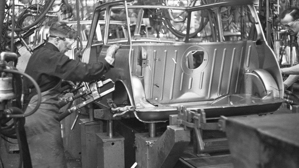 Body panels for the Austin Mini seen here being welded on the production line at Longbridge, 10th March 1963