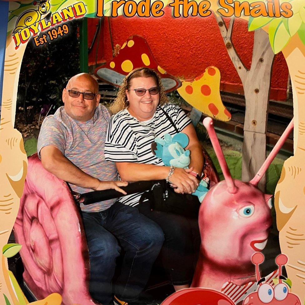 Jayne and Paul Banks riding the Snail at Joyland