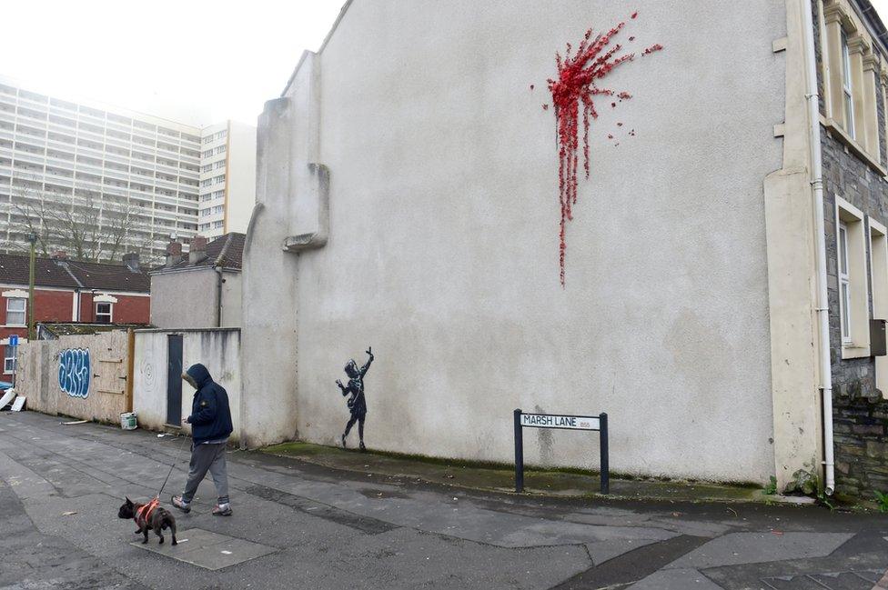 Mural by artist Banksy is pictured in Marsh Lane in Bristol