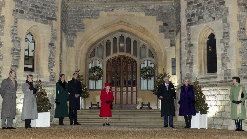 The Queen, with Prince Charles and Camilla, Duchess of Cornwall (right) and Princess Anne (far right) and the Duke and Duchess of Cambridge (left), the Wessexes (far left)