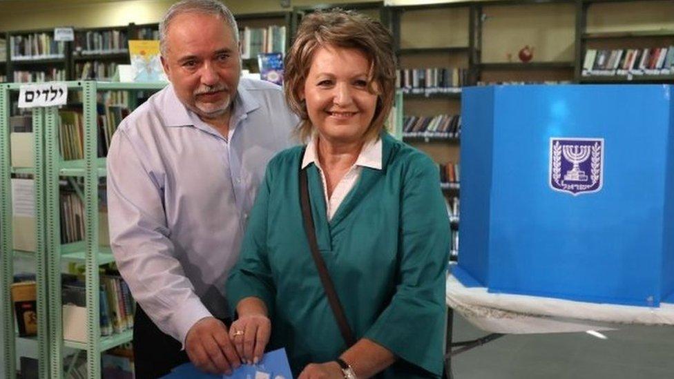 Former Israeli Defence Minister Avigdor Lieberman and wife Ella casting their votes in the election, 17 September 2019