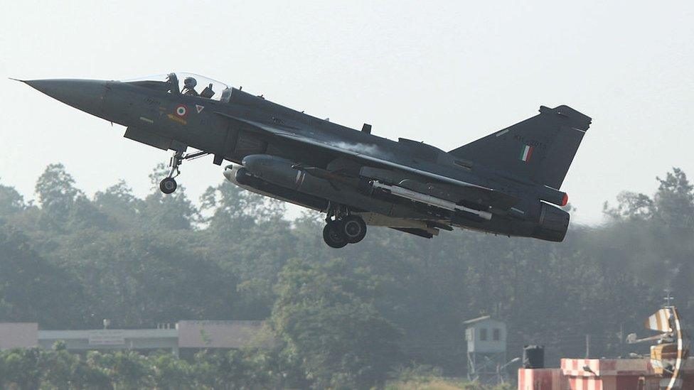 A HAL Tejas multirole light combat aircraft takes off