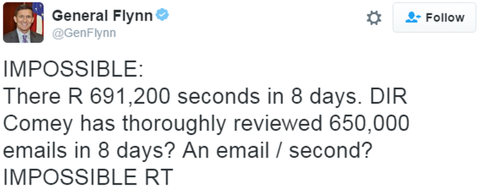 A tweet reads: "IMPOSSIBLE: There R 691,200 seconds in 8 days. DIR Comey has thoroughly reviewed 650,000 emails in 8 days? An email / second? IMPOSSIBLE RT"