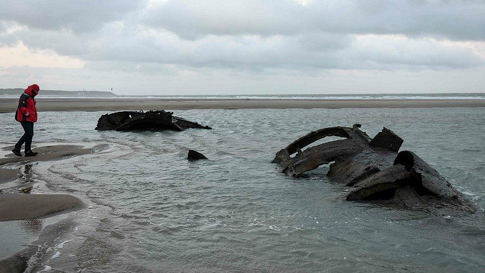 Wreckage of a German submarine which ran aground off the coast of Wissant in July 1917 and has resurfaced due to to sand movements