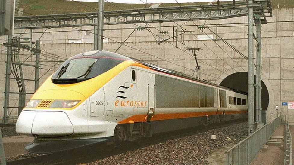 The first Eurostar commercial train leaving the Channel tunnel en route to Paris on 14 November 1994