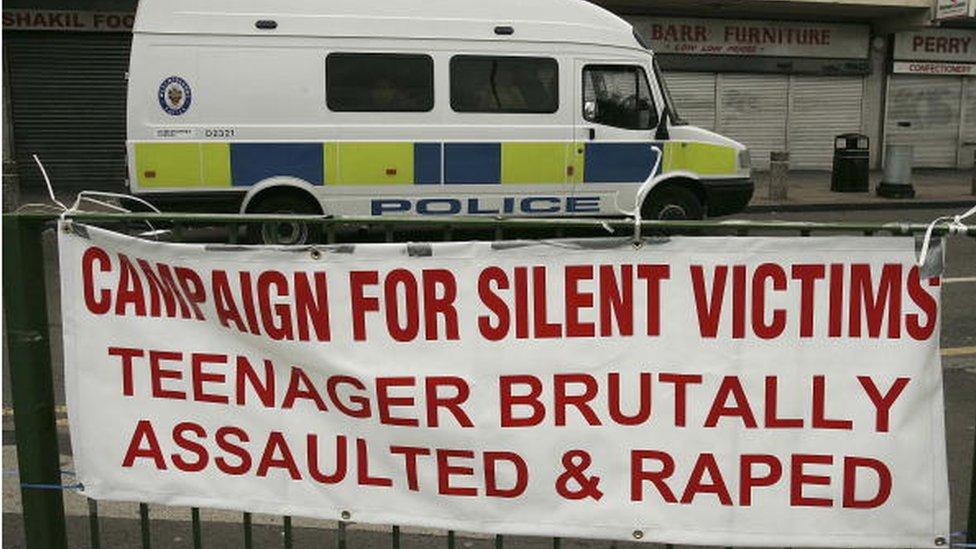 A sign referring to an alleged sexual assault is seen in the Perry Bar area on October 23, 2005 in Birmingham, England.