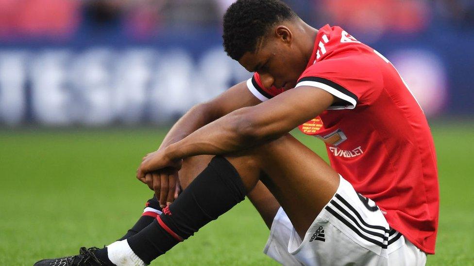 Marcus Rashford of Manchester United looks dejected following the The Emirates FA Cup Final between Chelsea and Manchester United at Wembley Stadium on May 19, 2018 in London, England