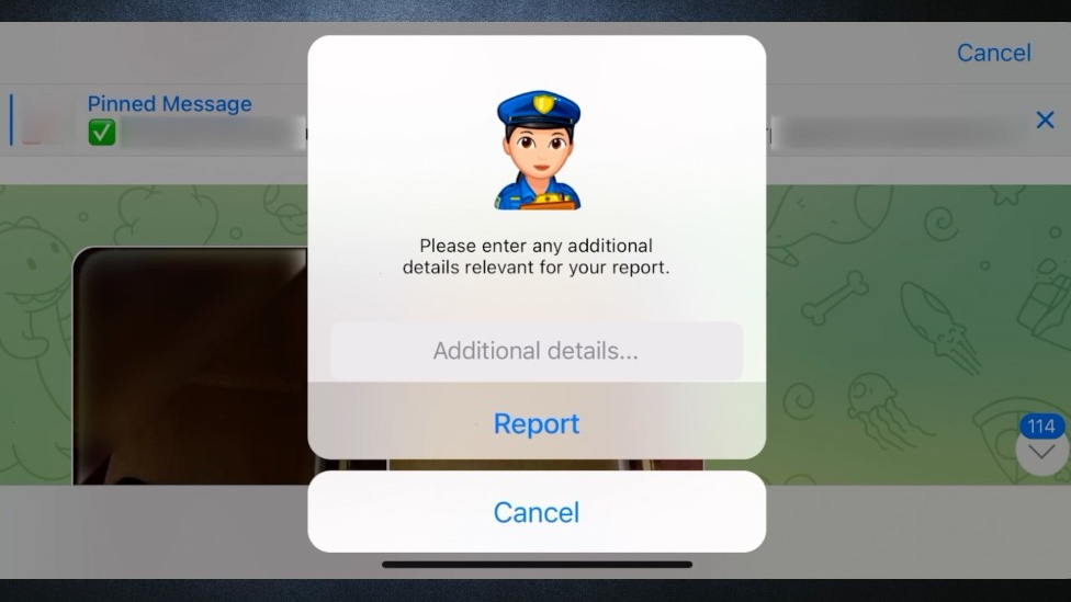 Screenshot of Telegram's in-app reporting tool for reporting content that breaks their terms of service.