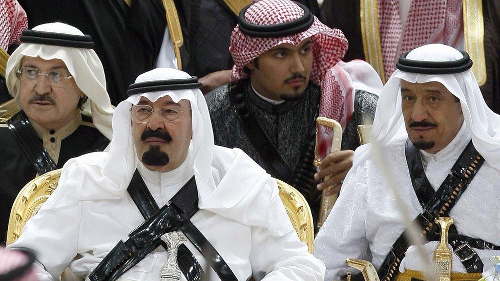 King Abdullah (2nd L) with Prince Salman bin Abdul Aziz (R) at an Arda dance in Riyadh, Saudi Arabia (18 March 2008)