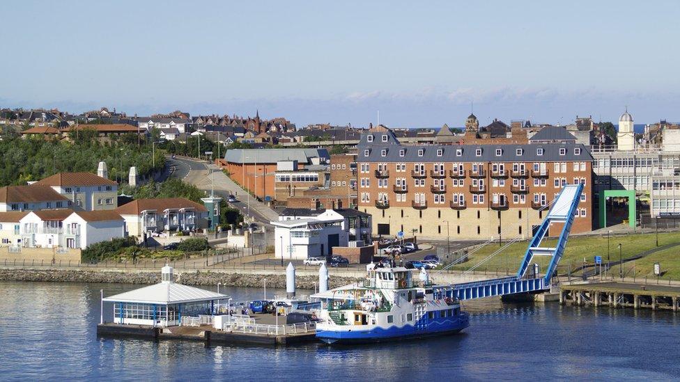 Aerial view of the Shields ferry with South Shields behind