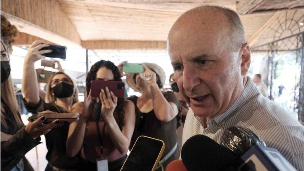 The candidate of the National Liberation Party Jose Maria Figueres speaks to the press during his closing campaign event in San Jose, Costa Rica, 27 March 2022.