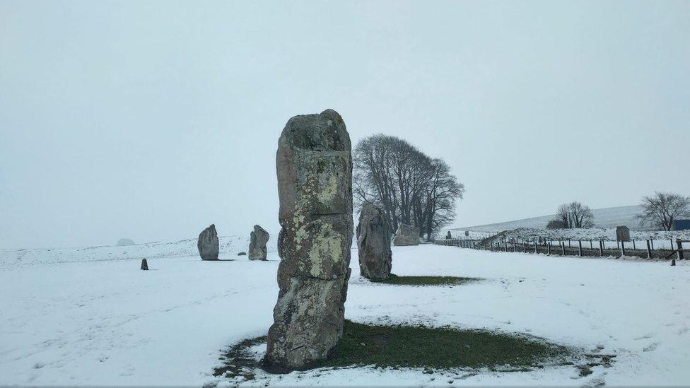 Stones in Avebury, Wiltshire, in the snow