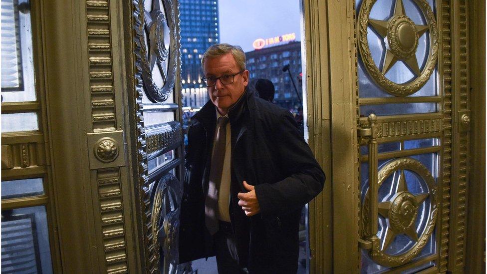 Austrian ambassador to Russia Johannes Aigner enters the Russian Foreign Ministry headquarters in Moscow on November 9, 2018.