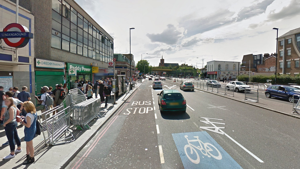 The dual carriageway outside Mile End tube station in east London