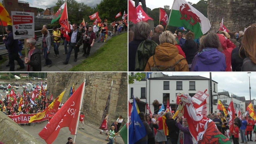 Four photos showing crowds at rallies