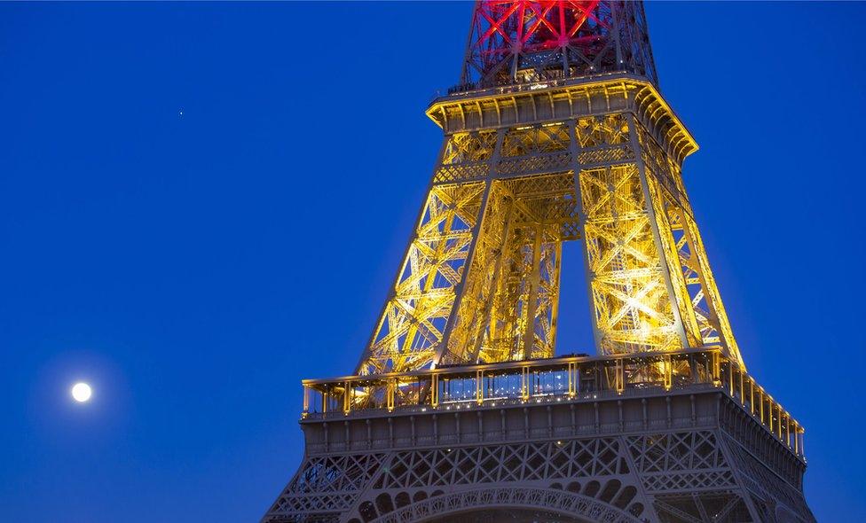 Eiffel Tower is illuminated in the national colours of Belgium. 22 March 2016