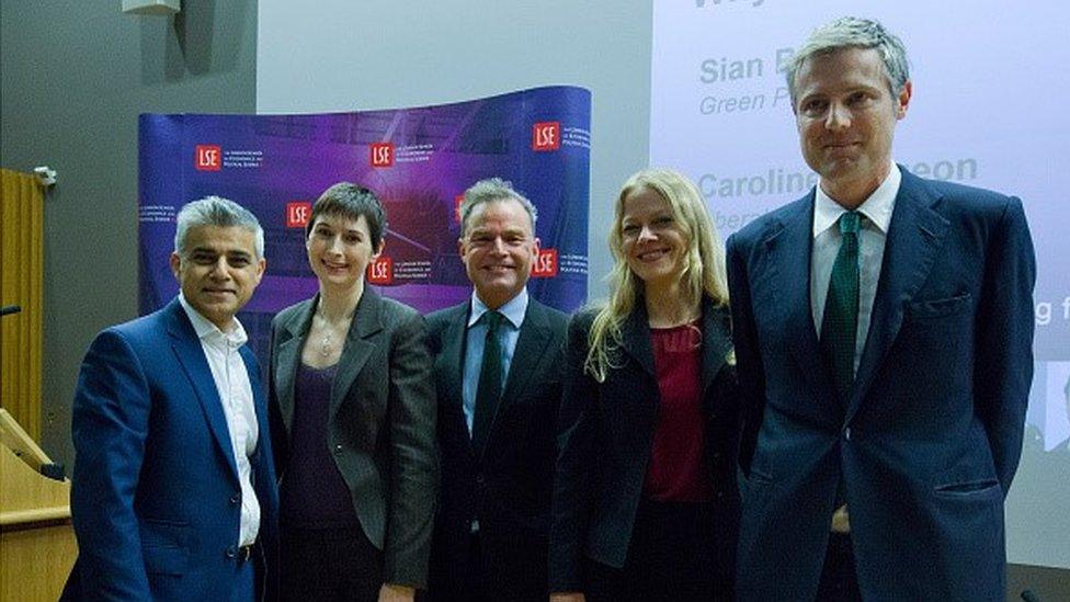 L-R: Sadiq Khan, Caroline Pidgeon, Peter Whittle, Sian Berry, Zac Goldsmith