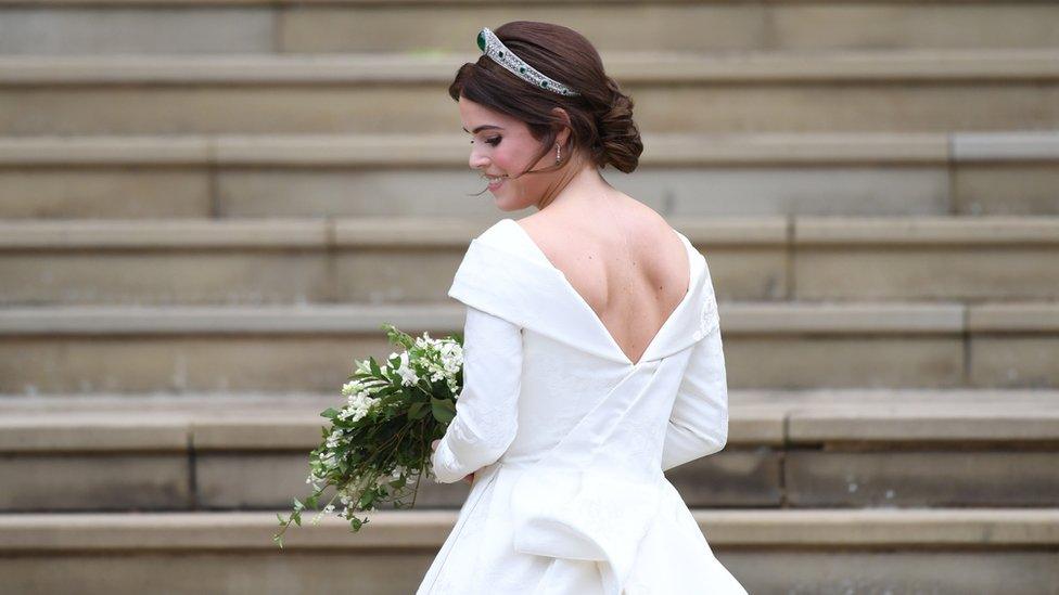 Princess Eugenie of York arrives for her royal wedding ceremony to Jack Brooksbank at St George"s Chapel at Windsor Castle