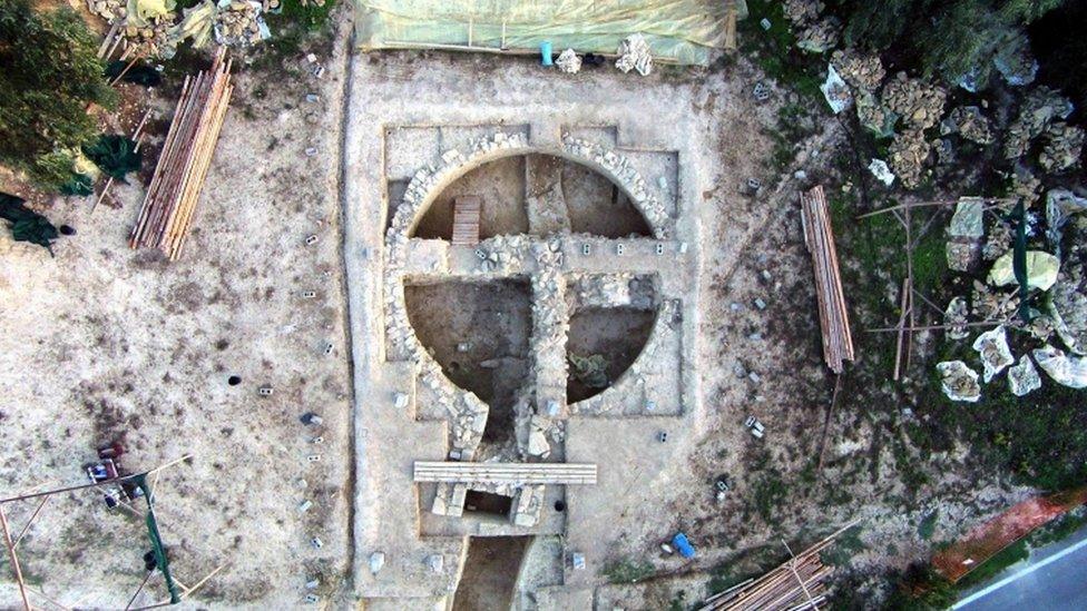 An aerial view of the beehive tombs discovered near the Palace of Nestor at Pylos in south-western Greece