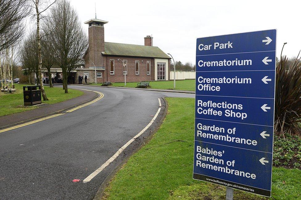 A sign inside the grounds of Roselawn Cemetery and Crematorium