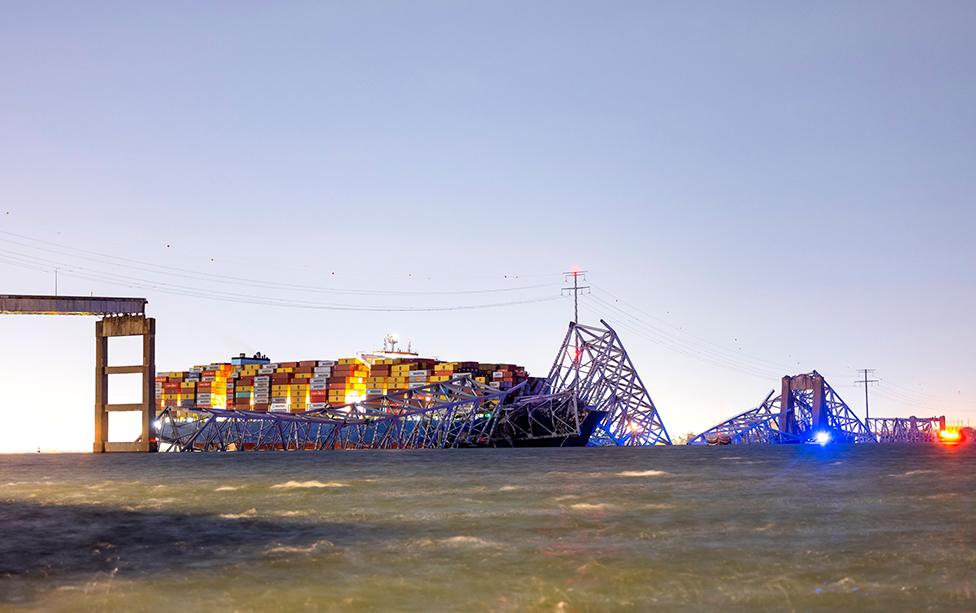 A view of the Dali cargo vessel which crashed into the Francis Scott Key Bridge causing it to collapse in Baltimore, Maryland, US, on 26 March 2024