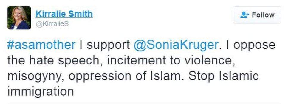 @KirralieS tweets: #asamother I support @SoniaKruger. I oppose the hate speech, incitement to violence, misogyny, oppression of Islam. Stop Islamic immigration