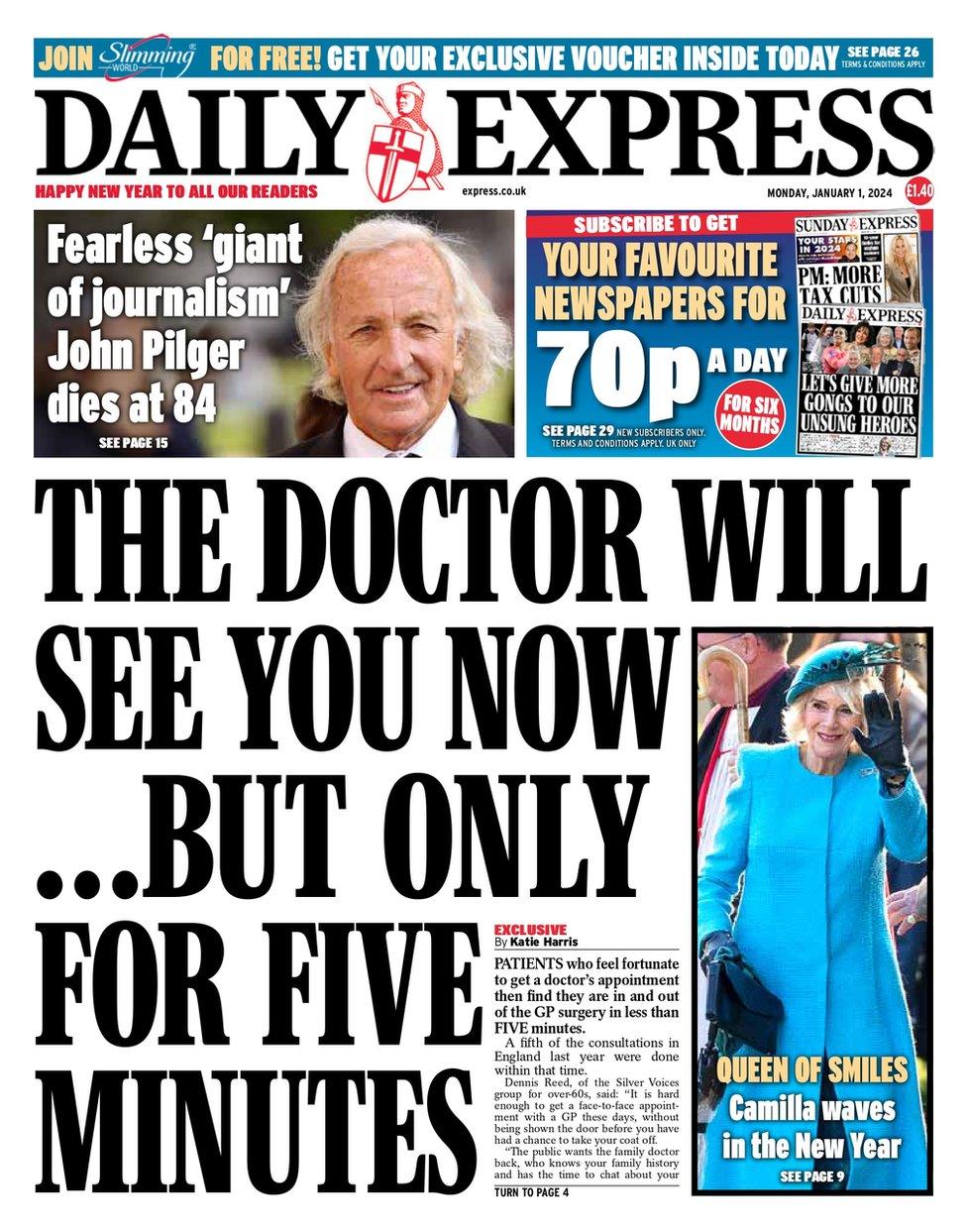 Daily Express front page, New Year's Day