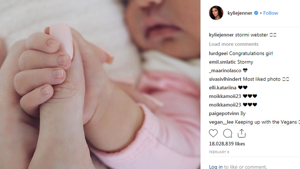 Image of Kylie Jenner's most liked Instagram post - showing her daughter