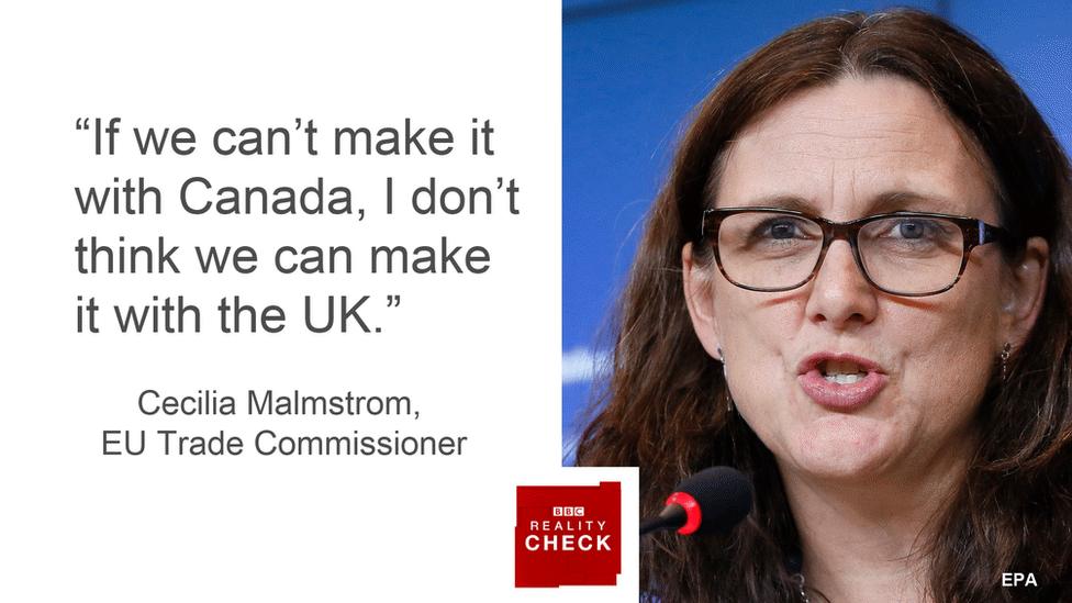 EU trade commissioner, Cecilia Malmstrom saying: "If we can't make it with Canada, I don't think we can make it with the UK"