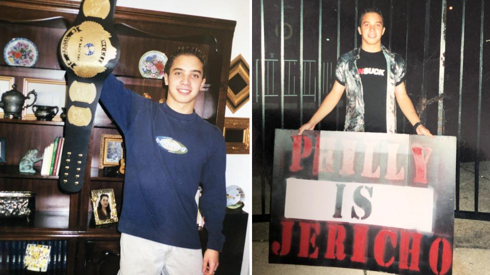 Liz's brother Greg holding a homemade championship belt and holding a wrestling sign