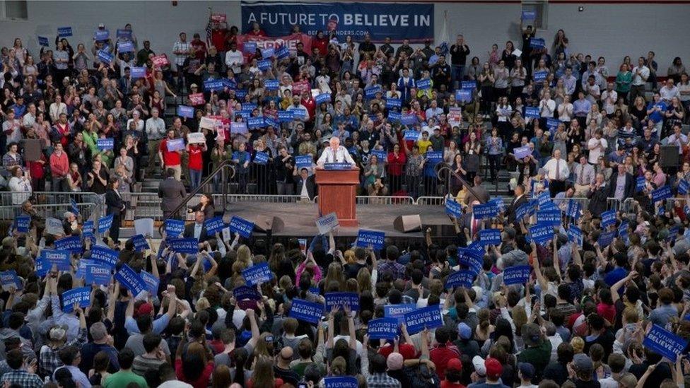 Bernie Sanders at a rally in Milton, Mass.